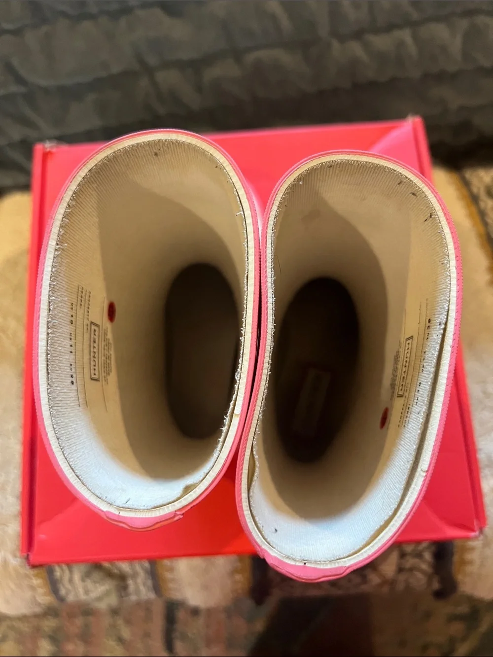 Hunter Cream Rain Boots with Pink Heart Print